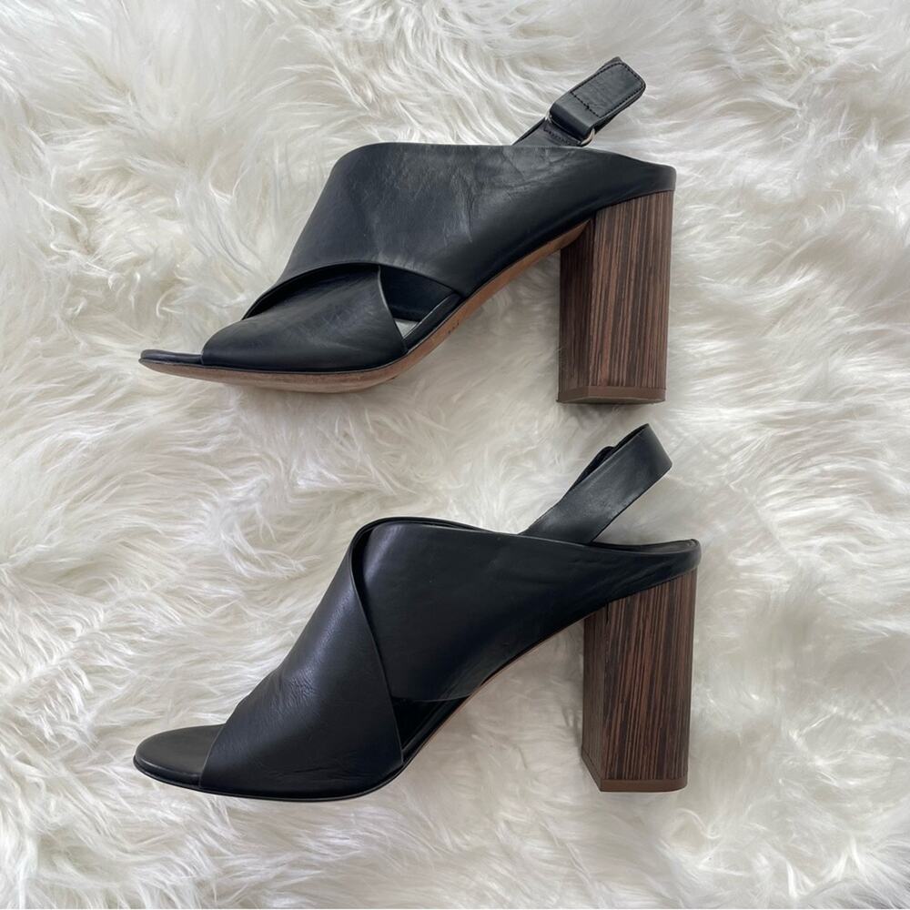 Vince | Women’s Black Faine Open Toe Leather Slingback Faux Wood Heel Crisscross - Picture 3 of 9